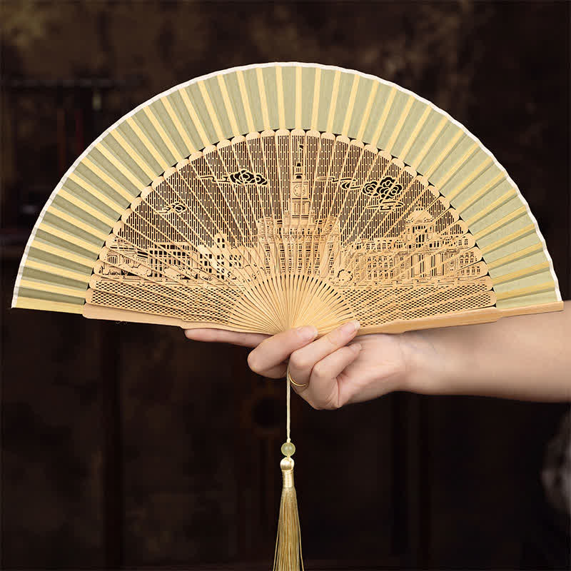 Buddha Stones Bamboo Hollow-Carved Famous Spots Landscapes Animals Tassel Folding Fan - Shanghai Pattern(Complimentary Tassel) - image 11