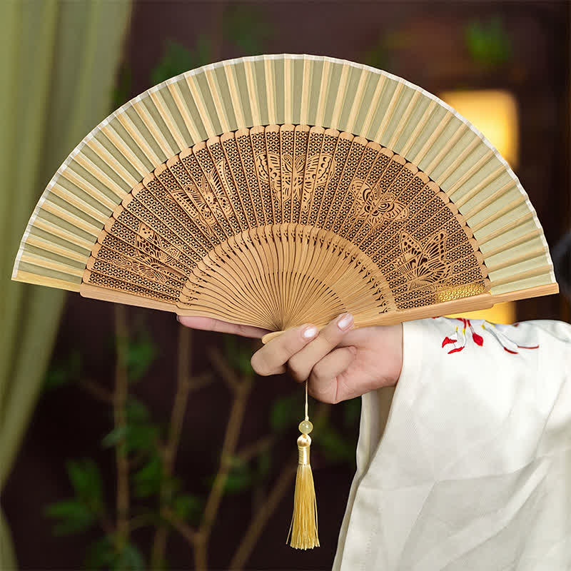 Buddha Stones Bamboo Hollow-Carved Famous Spots Landscapes Animals Tassel Folding Fan - Butterfly(Complimentary Tassel) - image 12