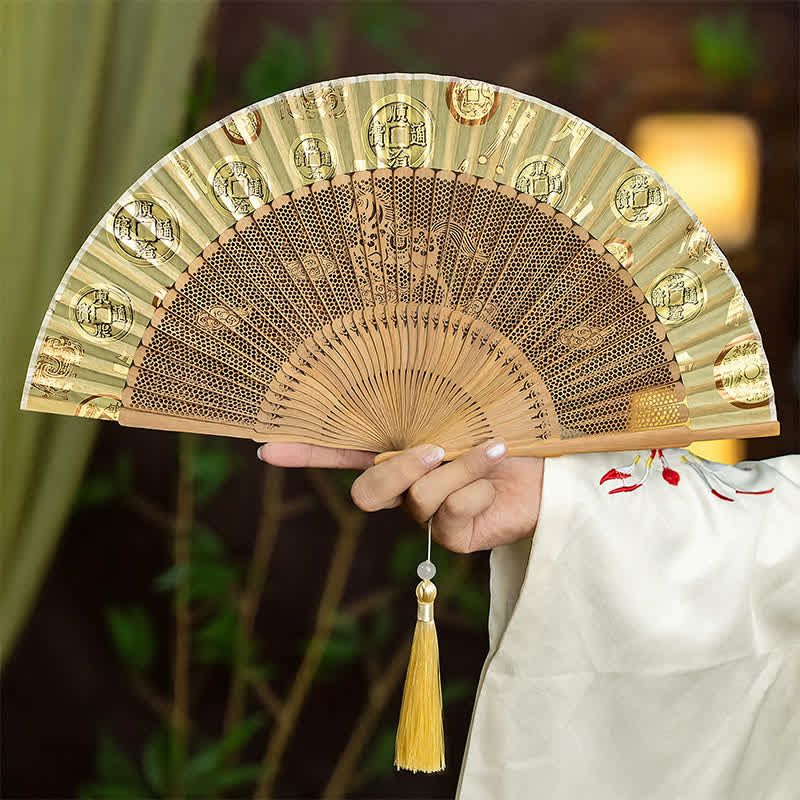 Buddha Stones Bamboo Hollow-Carved Famous Spots Landscapes Animals Tassel Folding Fan - Horse(Complimentary Tassel) - image 14
