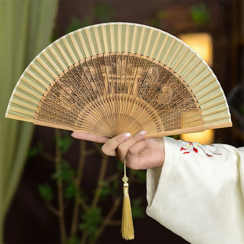 Buddha Stones Bamboo Hollow-Carved Famous Spots Landscapes Animals Tassel Folding Fan - Koi Fish(Complimentary Tassel) - image 17