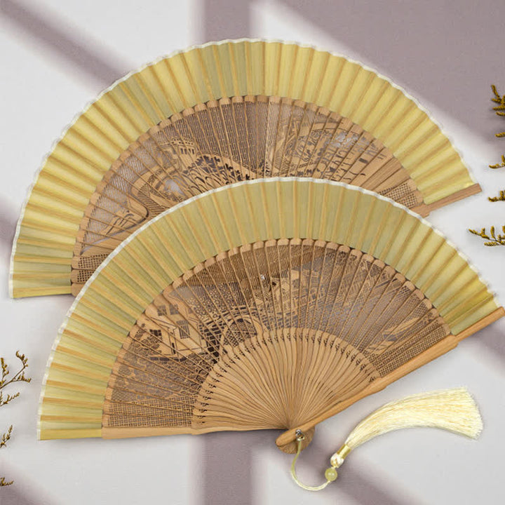 Buddha Stones Bamboo Hollow-Carved Famous Spots Landscapes Animals Tassel Folding Fan - image 21