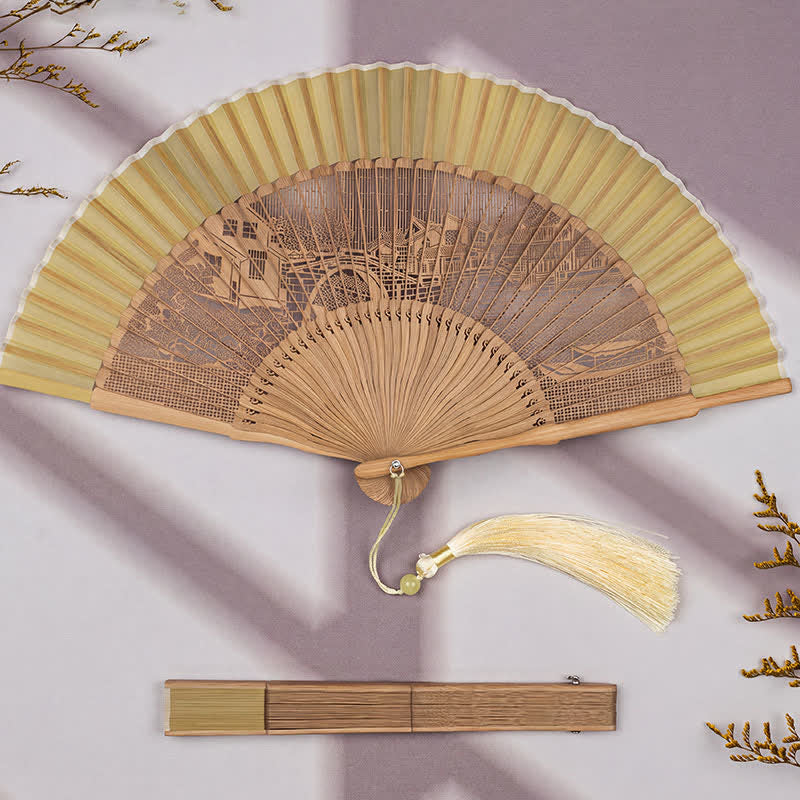 Buddha Stones Bamboo Hollow-Carved Famous Spots Landscapes Animals Tassel Folding Fan - image 2