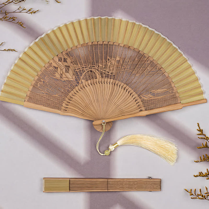 Buddha Stones Bamboo Hollow-Carved Famous Spots Landscapes Animals Tassel Folding Fan - image 2