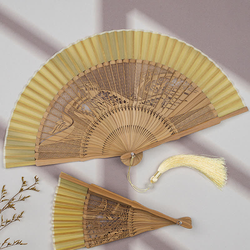 Buddha Stones Bamboo Hollow-Carved Famous Spots Landscapes Animals Tassel Folding Fan - image 22