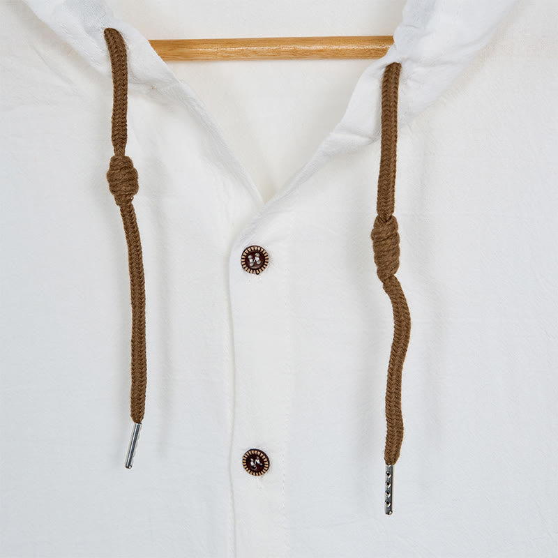 Buddha Stones Solid Color Long Sleeve Hooded Drawstring Buttons Men's Shirt - image 7