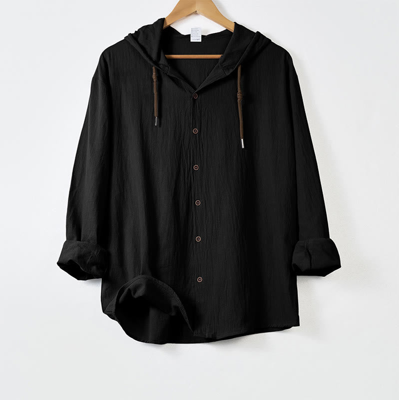 Buddha Stones Solid Color Long Sleeve Hooded Drawstring Buttons Men's Shirt - Black - US/UK/AU44，EU54 (3XL) - image 9