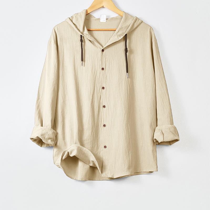 Buddha Stones Solid Color Long Sleeve Hooded Drawstring Buttons Men's Shirt - Beige - US/UK/AU44，EU54 (3XL) - image 14