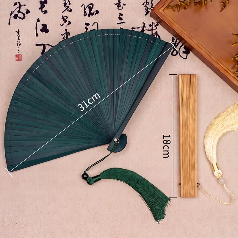 Buddha Stones Elegant Bamboo Golden Branch Ink Bamboo Pattern Folding Fan with Tassel - image 2