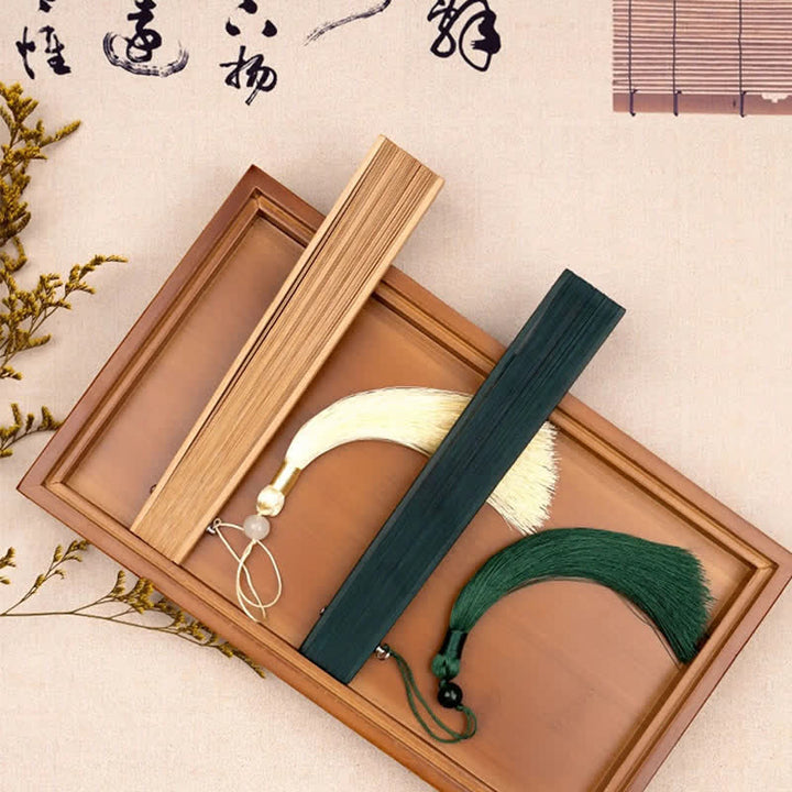 Buddha Stones Elegant Bamboo Golden Branch Ink Bamboo Pattern Folding Fan with Tassel - image 3