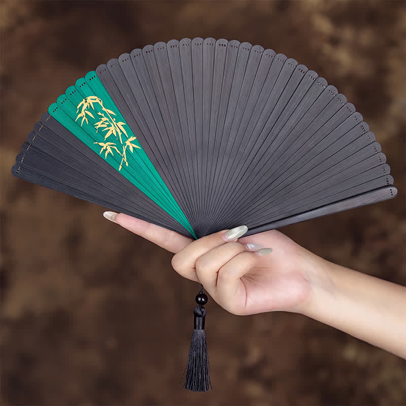 Buddha Stones Elegant Bamboo Golden Branch Ink Bamboo Pattern Folding Fan with Tassel - Full Bamboo Golden Branch Ink Bamboo(Closed Size: Approx.18 cm/7.1 in) - image 0