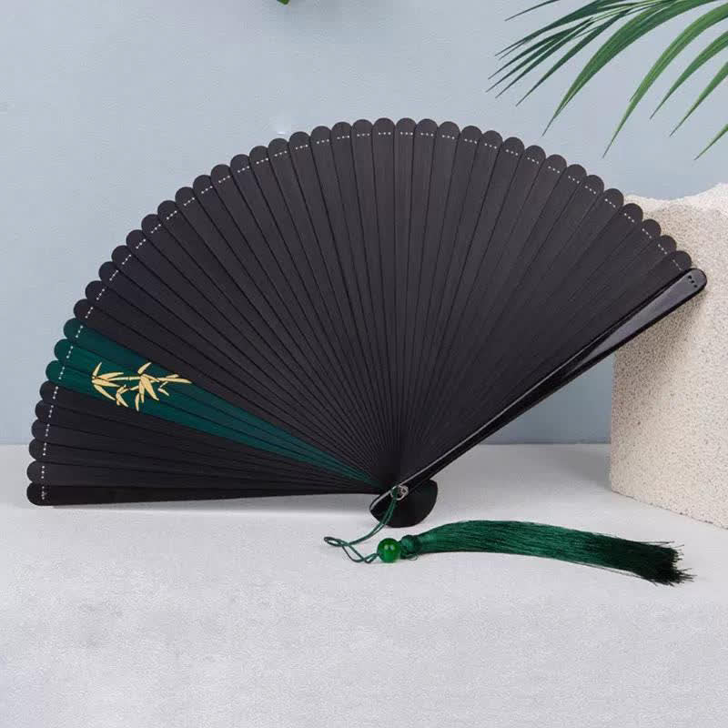 Buddha Stones Elegant Bamboo Golden Branch Ink Bamboo Pattern Folding Fan with Tassel - image 1