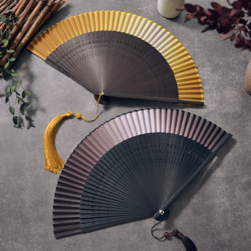 Buddha Stones Bamboo Frame Cotton Linen Gradient Tassel Folding Fan - image 1