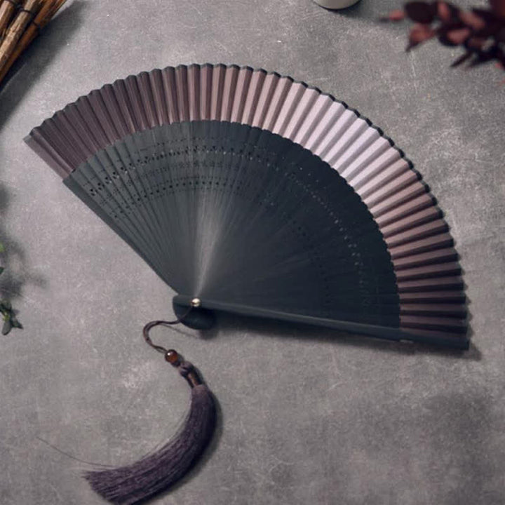 Buddha Stones Bamboo Frame Cotton Linen Gradient Tassel Folding Fan - Gradient Folding Fan - Coffee Brown - image 9