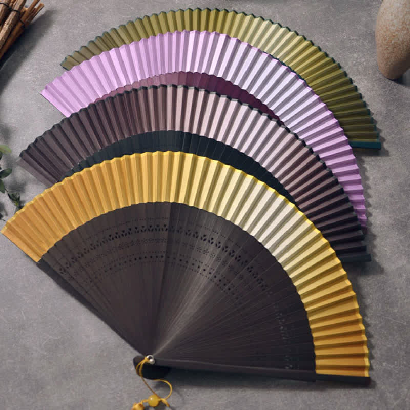 Buddha Stones Bamboo Frame Cotton Linen Gradient Tassel Folding Fan - image 10