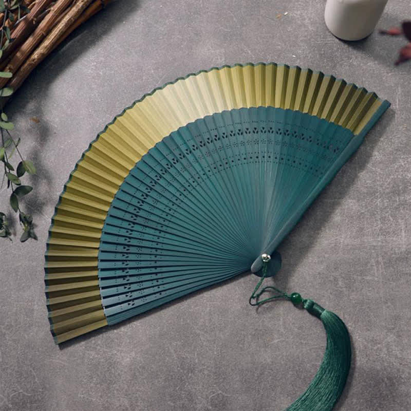 Buddha Stones Bamboo Frame Cotton Linen Gradient Tassel Folding Fan - Gradient Folding Fan - Green - image 4