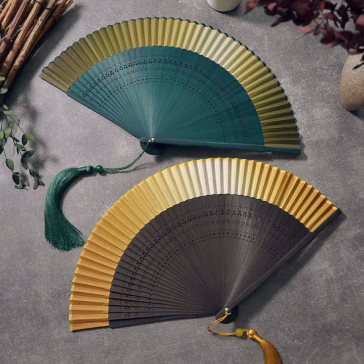 Buddha Stones Bamboo Frame Cotton Linen Gradient Tassel Folding Fan - image 0