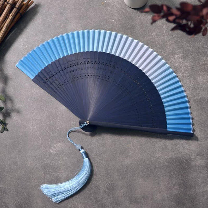 Buddha Stones Bamboo Frame Cotton Linen Gradient Tassel Folding Fan - Gradient Folding Fan - Blue - image 6