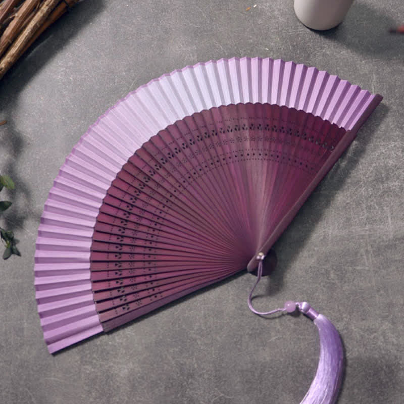 Buddha Stones Bamboo Frame Cotton Linen Gradient Tassel Folding Fan - Gradient Folding Fan - Purple Red - image 7