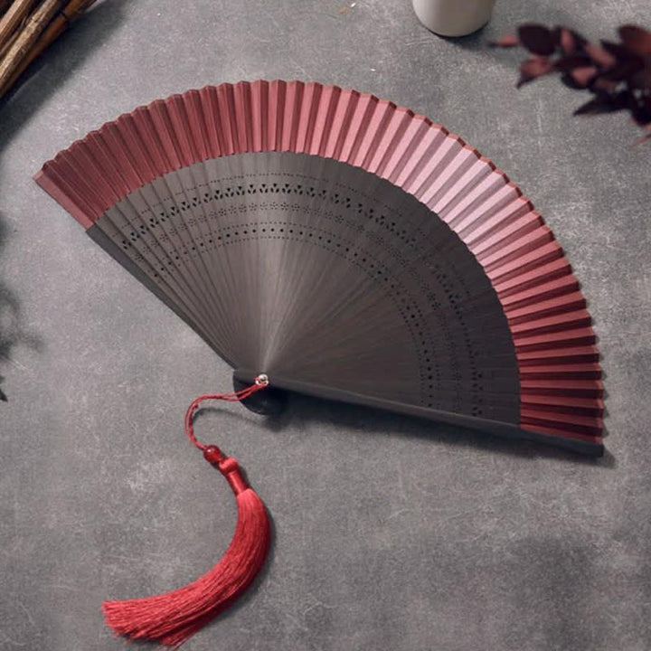 Buddha Stones Bamboo Frame Cotton Linen Gradient Tassel Folding Fan - Gradient Folding Fan - Claret - image 8