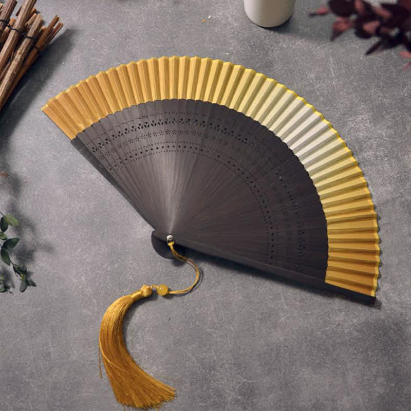 Buddha Stones Bamboo Frame Cotton Linen Gradient Tassel Folding Fan - Gradient Folding Fan - Gold - image 3