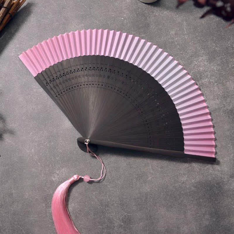 Buddha Stones Bamboo Frame Cotton Linen Gradient Tassel Folding Fan - Gradient Folding Fan - Pink - image 2