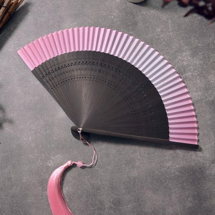 Buddha Stones Bamboo Frame Cotton Linen Gradient Tassel Folding Fan - Gradient Folding Fan - Pink - image 2