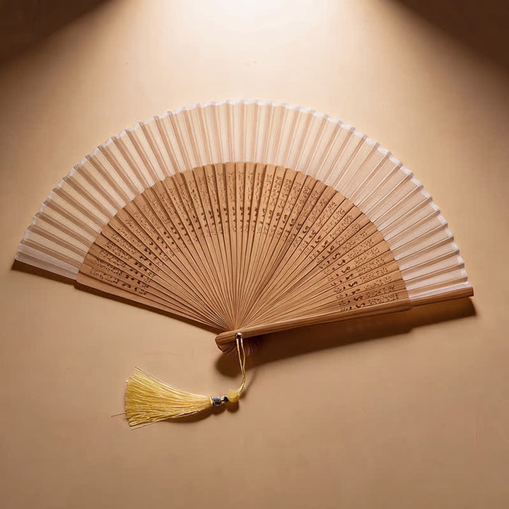 Buddha Stones Dual Tone Bamboo Folding Eastern Style Fan - Beige(Complimentary Tassel) - image 7