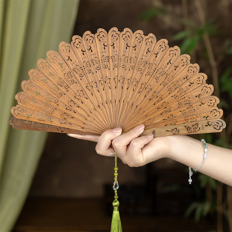 Buddha Stones Green Sandalwood Openwork Butterfly Pattern Tassel Fan - Hundred Butterflies - Green Sandalwood - image 7