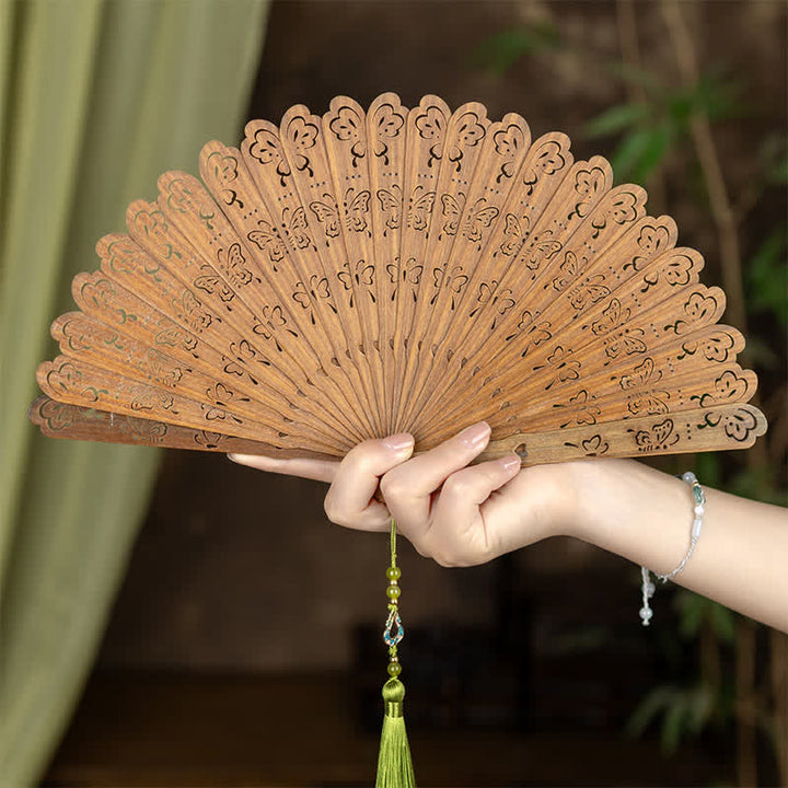 Buddha Stones Green Sandalwood Openwork Butterfly Pattern Tassel Fan - Hundred Butterflies - Green Sandalwood - image 7