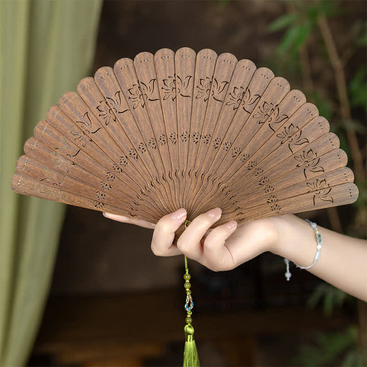 Buddha Stones Green Sandalwood Openwork Butterfly Pattern Tassel Fan - Lotus Ripples - Green Sandalwood - image 8
