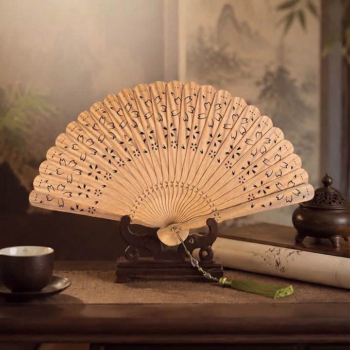 Buddha Stones Green Sandalwood Openwork Butterfly Pattern Tassel Fan - Cherry Blossom Natural Wood - Green Sandalwood - image 0