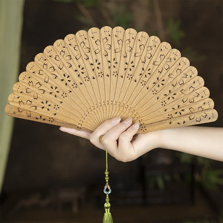 Buddha Stones Green Sandalwood Openwork Butterfly Pattern Tassel Fan - image 1