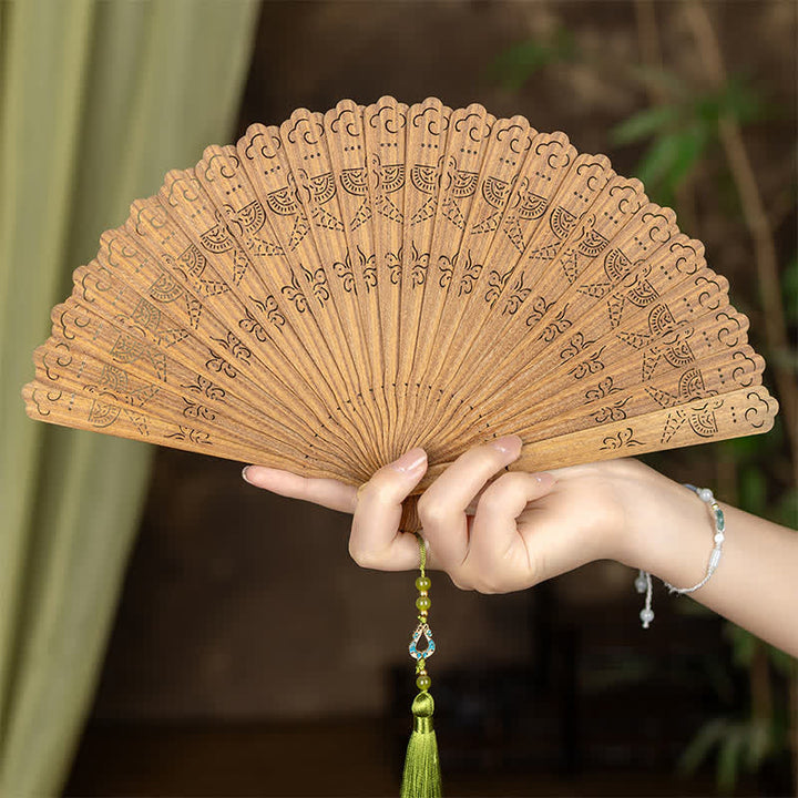 Buddha Stones Green Sandalwood Openwork Butterfly Pattern Tassel Fan - Cloud Swallow - Green Sandalwood - image 9
