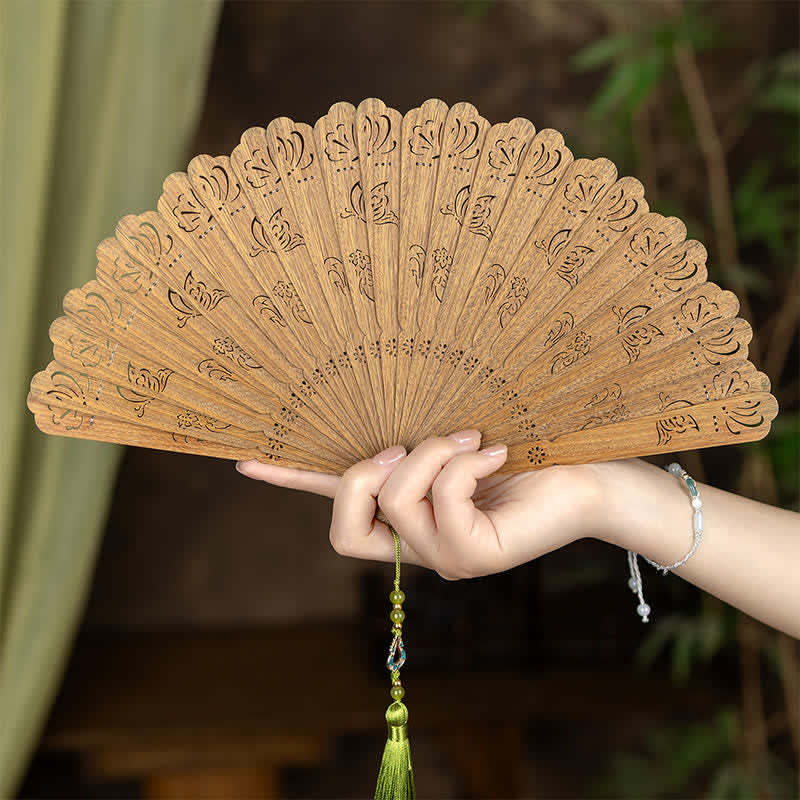 Buddha Stones Green Sandalwood Openwork Butterfly Pattern Tassel Fan - Butterfly Blossom - Green Sandalwood - image 5