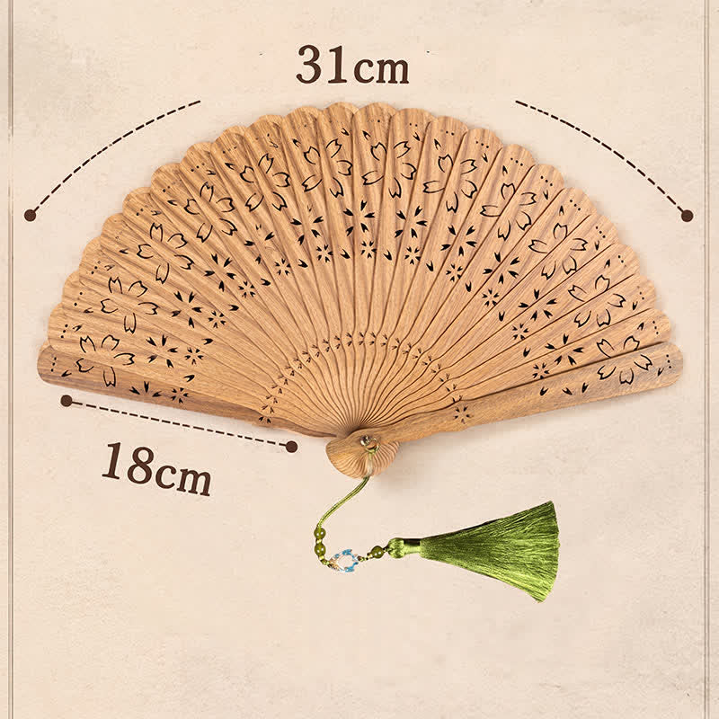 Buddha Stones Green Sandalwood Openwork Butterfly Pattern Tassel Fan - image 2