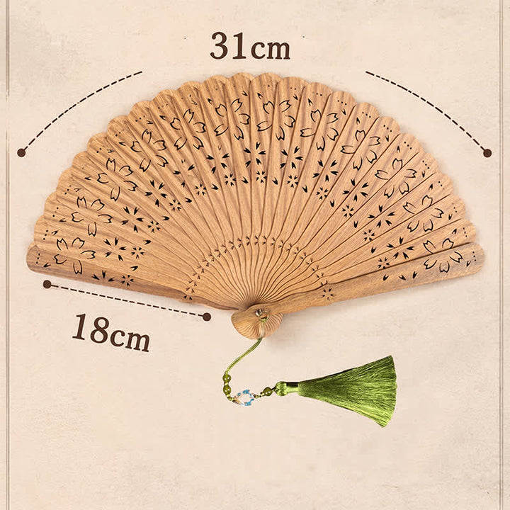 Buddha Stones Green Sandalwood Openwork Butterfly Pattern Tassel Fan - image 2