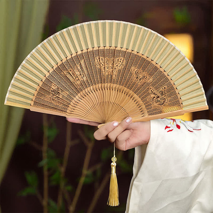 Buddha Stones Vintage Hollow Carved Bamboo Butterfly Fan of Transformation - Fluttering Butterflies - image 2