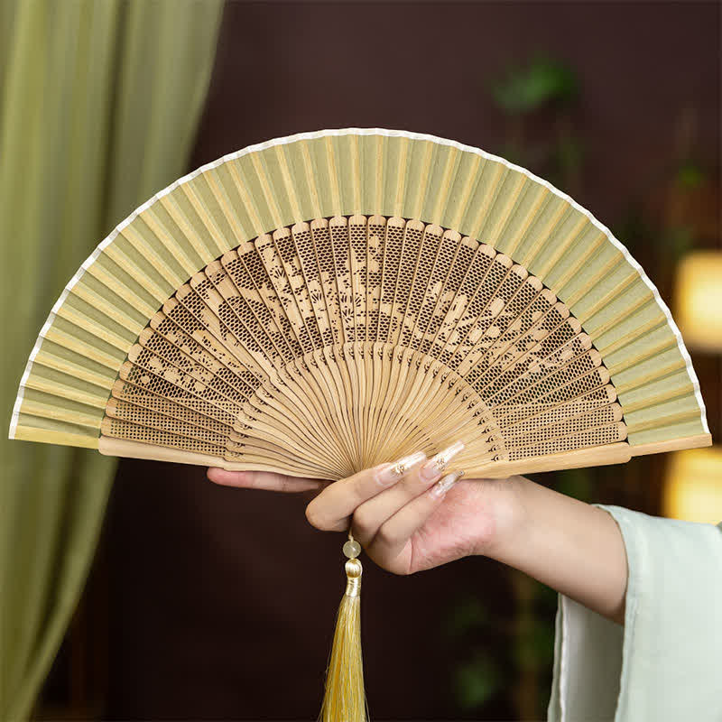 Buddha Stones Vintage Hollow Carved Bamboo Butterfly Fan of Transformation - Plum Blossom - image 1