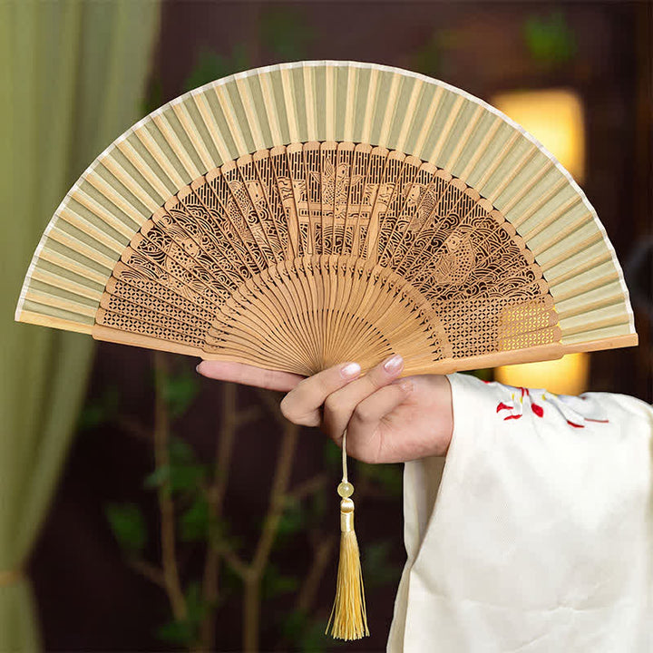 Buddha Stones Vintage Hollow Carved Bamboo Butterfly Fan of Transformation - Koi Leaping Over the Dragon Gate - image 3
