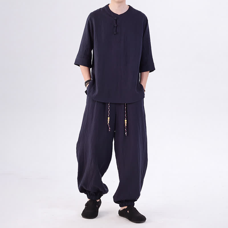 Buddha Stones Spring Summer Tang Style Frog Button Solid Elbow-Length Sleeve Shirt Pants Men's Meditation Cloth With Pocket - MidnightBlue - US/UK/AU46，EU56 (5XL) - image 40