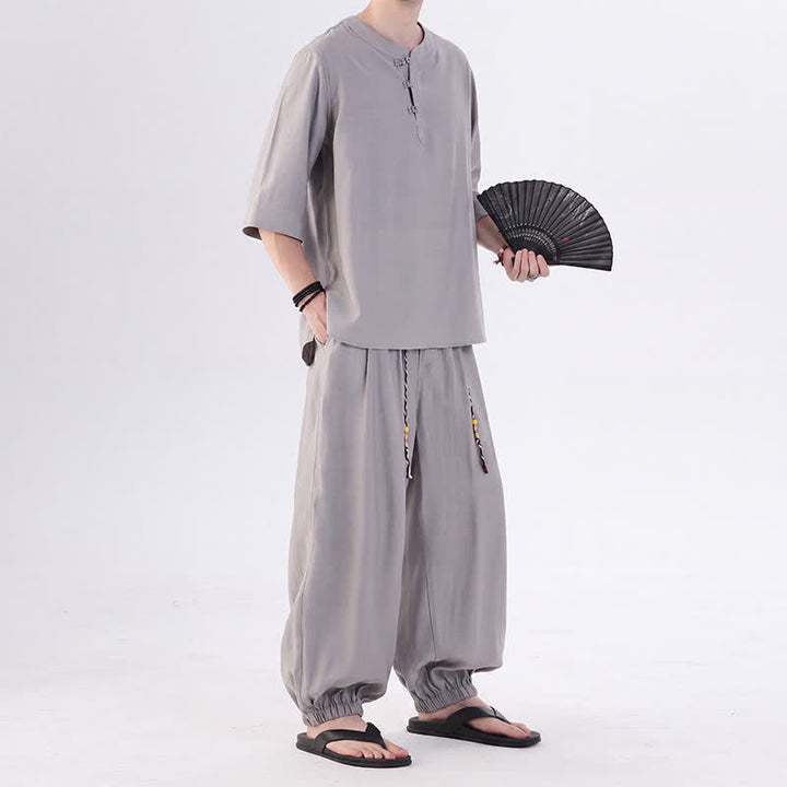 Buddha Stones Spring Summer Tang Style Frog Button Solid Elbow-Length Sleeve Shirt Pants Men's Meditation Cloth With Pocket - image 16