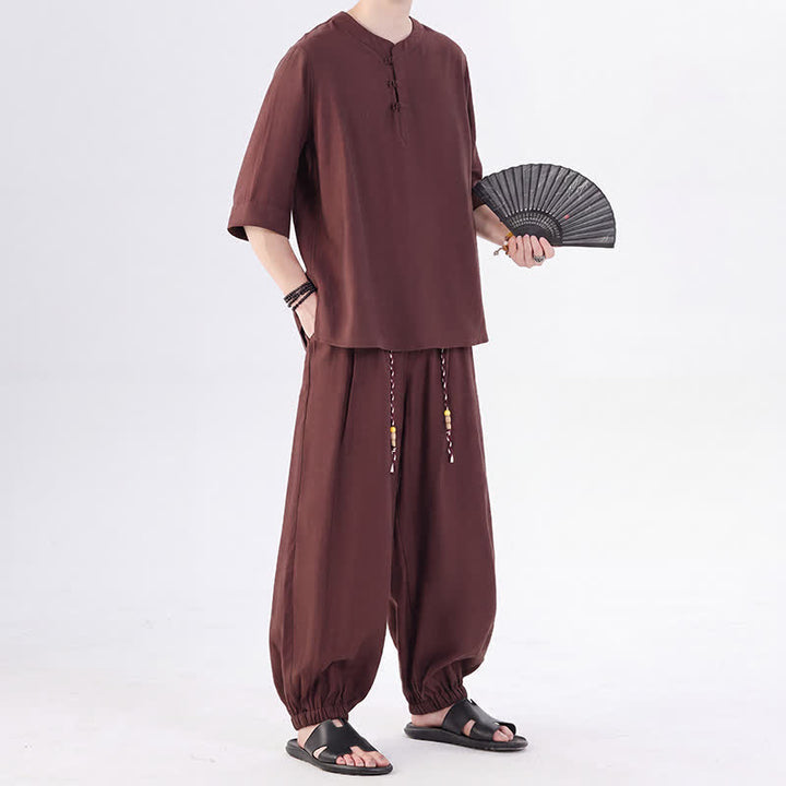 Buddha Stones Spring Summer Tang Style Frog Button Solid Elbow-Length Sleeve Shirt Pants Men's Meditation Cloth With Pocket - image 31