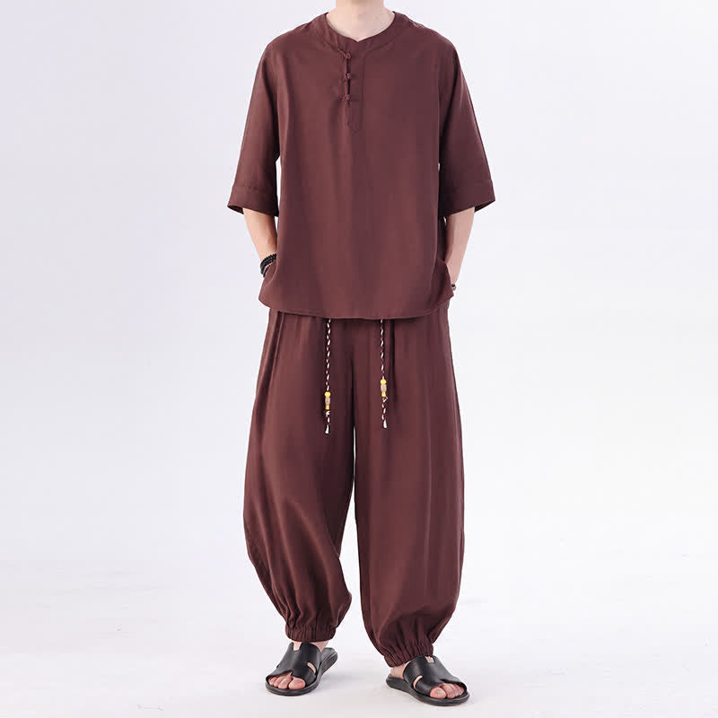Buddha Stones Spring Summer Tang Style Frog Button Solid Elbow-Length Sleeve Shirt Pants Men's Meditation Cloth With Pocket - Sienna - US/UK/AU46，EU56 (5XL) - image 30