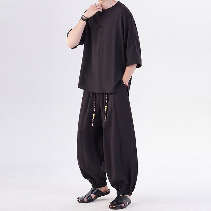 Buddha Stones Spring Summer Tang Style Frog Button Solid Elbow-Length Sleeve Shirt Pants Men's Meditation Cloth With Pocket - image 25
