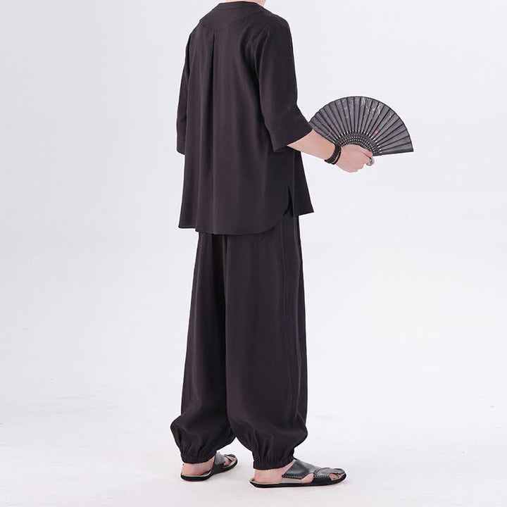 Buddha Stones Spring Summer Tang Style Frog Button Solid Elbow-Length Sleeve Shirt Pants Men's Meditation Cloth With Pocket - image 22