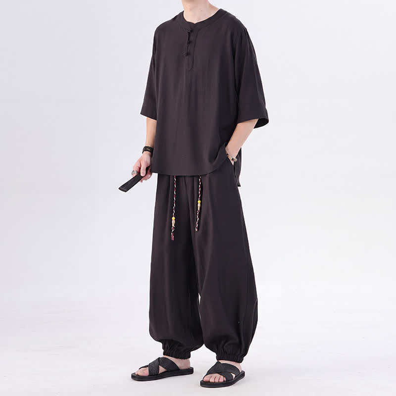 Buddha Stones Spring Summer Tang Style Frog Button Solid Elbow-Length Sleeve Shirt Pants Men's Meditation Cloth With Pocket - image 24