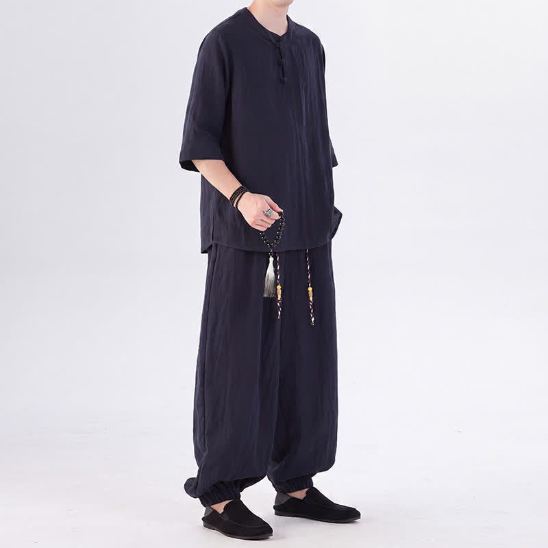 Buddha Stones Spring Summer Tang Style Frog Button Solid Elbow-Length Sleeve Shirt Pants Men's Meditation Cloth With Pocket - image 41