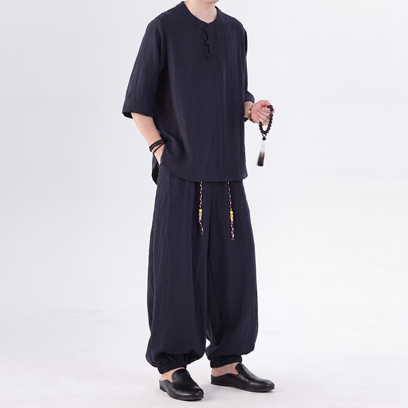 Buddha Stones Spring Summer Tang Style Frog Button Solid Elbow-Length Sleeve Shirt Pants Men's Meditation Cloth With Pocket - image 45