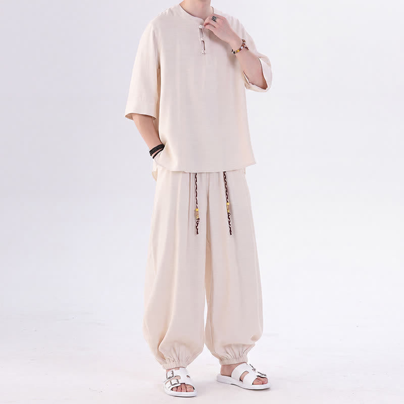 Buddha Stones Spring Summer Tang Style Frog Button Solid Elbow-Length Sleeve Shirt Pants Men's Meditation Cloth With Pocket - image 2