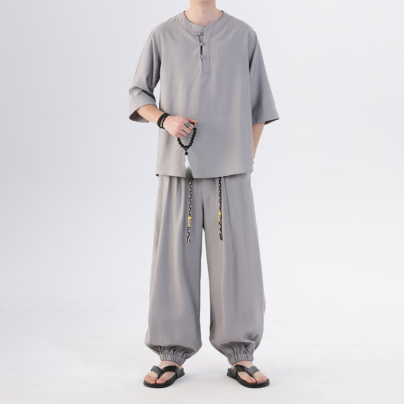 Buddha Stones Spring Summer Tang Style Frog Button Solid Elbow-Length Sleeve Shirt Pants Men's Meditation Cloth With Pocket - image 17